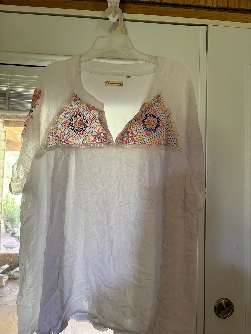 Embroidered White Boho Blouse with Pink & Yellow Accents